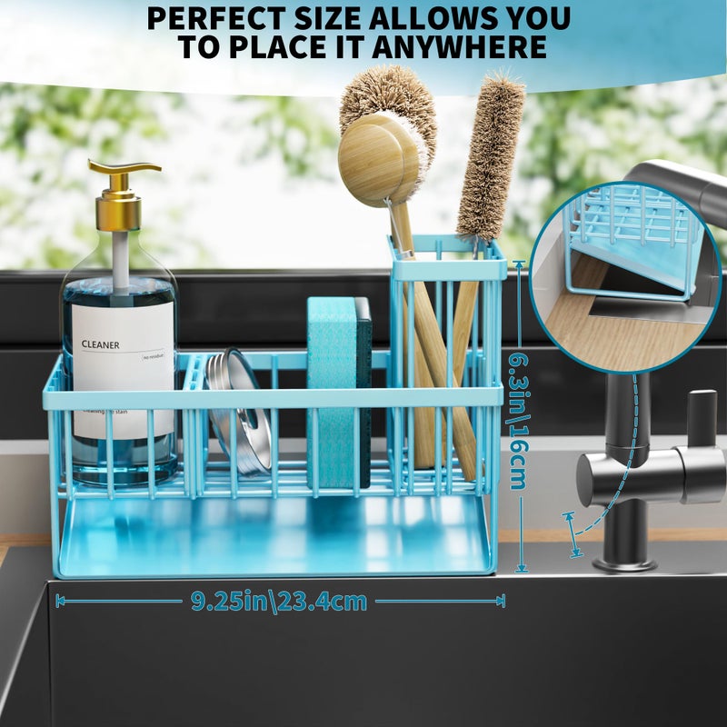 Cisily Blue Kitchen Sink Caddy Organzier with High Brush Holder, Sponge Holder for Sink, 304 Rustproof Stainless, Kitchen Countertop Soap Dispenser Organizer, Blue Home Decor and Accessories - Image 2